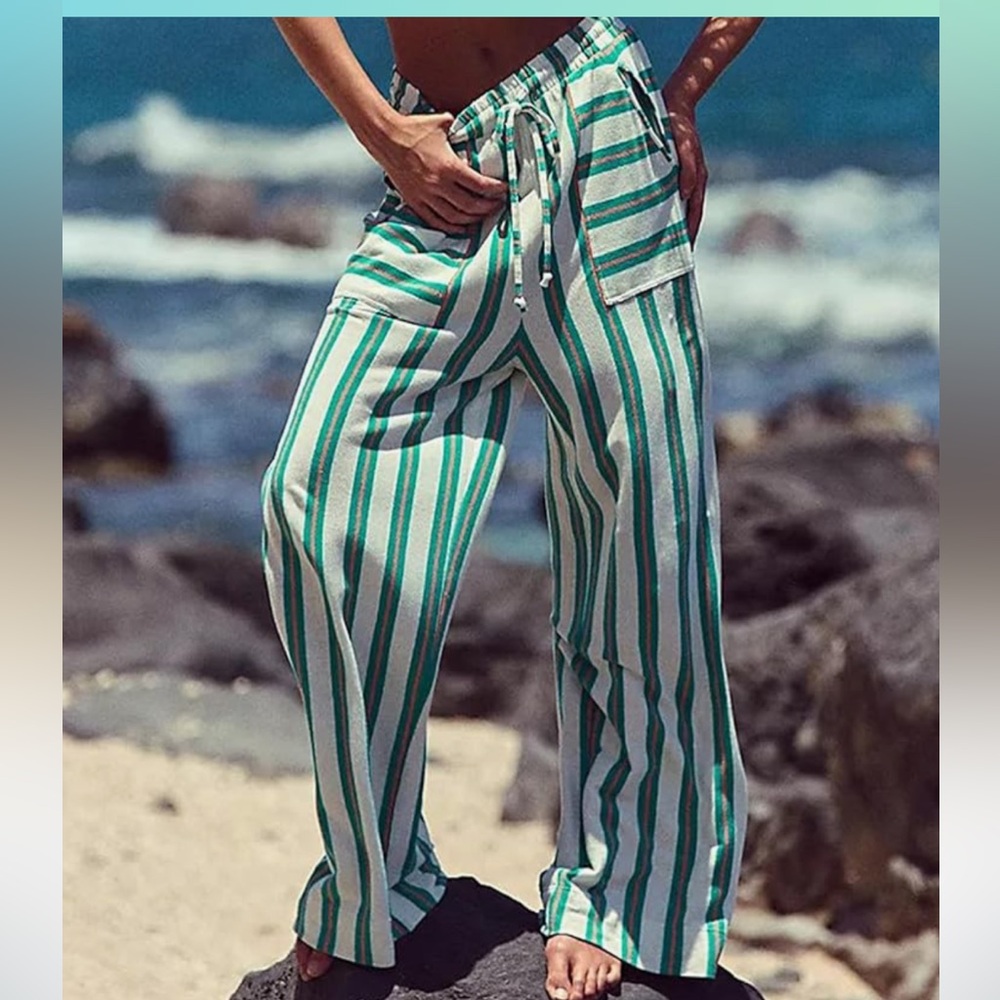 Women Drawstring Waist Stripe Wide Leg Palazzo Pants